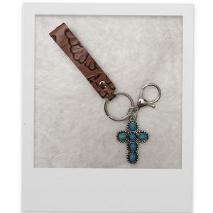 Leather and Turquoise Cross Keyring